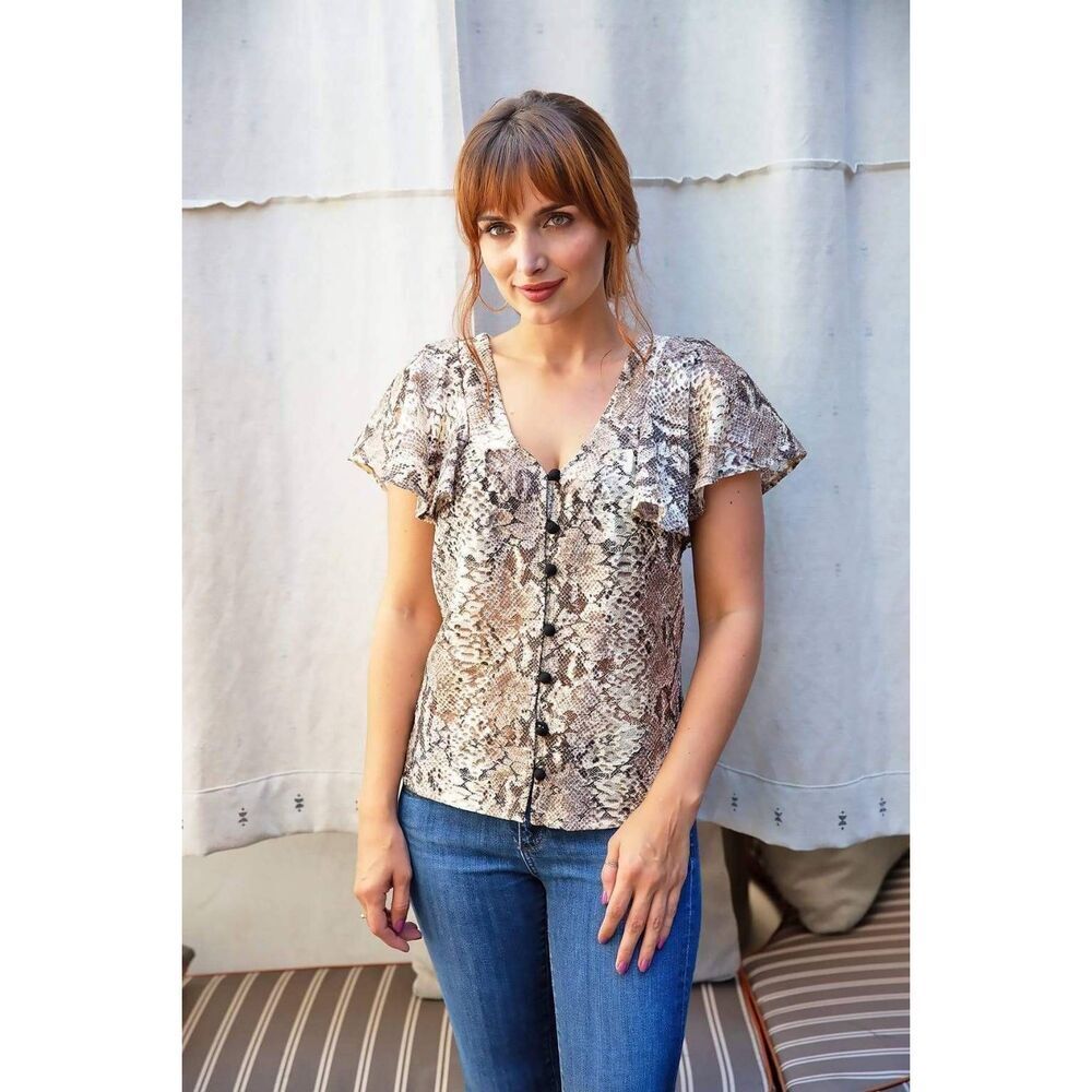 Snake-Print Button-Front Flutter Sleeve Top - Beige